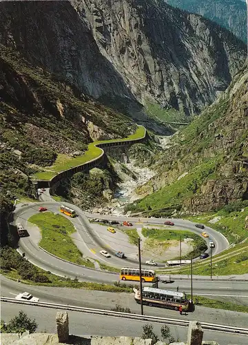 1161 - Schweiz - Suisse , Switzerland , Tessin , Uri , Gotthardstraße in der Schöllenen Schlucht , Bus , Straße - gelaufen 1981