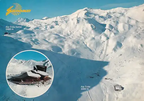 1173 - Schweiz - Suisse , Switzerland , Graubünden , Samnaun , Unter-Engadin , Alp Trida Sattel , Bergrestaurant , Ski , Winter  - gelaufen 1991