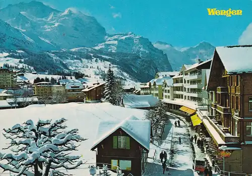 1174 - Schweiz - Suisse , Switzerland , Bern , Wengen , Dorfstraße mit Jungfrau , Grosshorn , Breithorn , Winter - gelaufen 1985