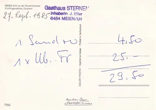 1188 - Schweiz - Suisse , Switzerland , Uri , Meien an der Sustenstraße , Fünffingerstöcke , Grassen - nicht gelaufen 1985