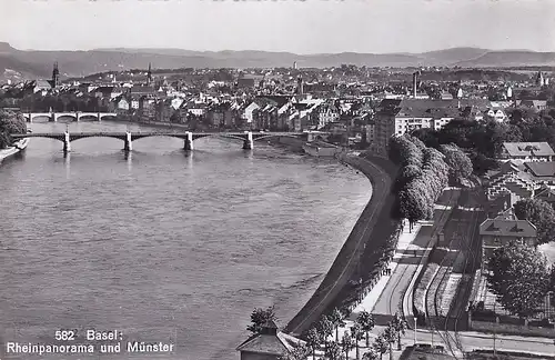 1197 - Schweiz - Suisse , Switzerland , Basel , Rhein , Münster , Panorama , Brücke - gelaufen 1962