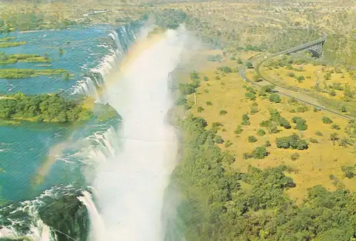 1272 - Rhodesien - Rhodesia , Victoria Falls , from bottom left , main Falls , Livingstone Island , Horseshoe Falls , Rainbow Falls , Eastern Cataract , Bridge , Brücke - gelaufen 1978