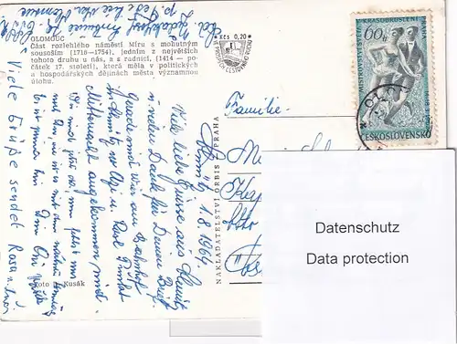 1356 - Tschechoslowakei - Czechoslovakia , Czech , Olomouc , Olmütz , Ansicht Stadt , Brunnen , Bus , Auto , Motorrad - gelaufen 1964