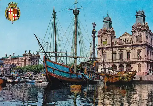 1386 - Spanien - Spain , Barcelona , Carabela Sta Maria , Segelschiff , Hafen - gelaufen