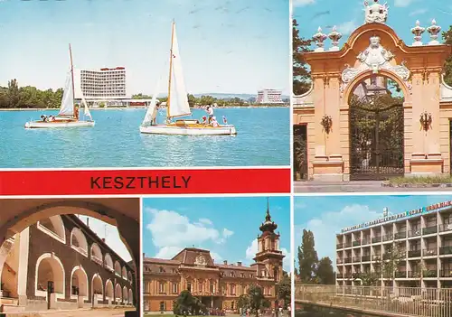 1505 - Ungarn - Keszthely , Mehrbildkarte , Segelboot , Hotel - gelaufen 1979