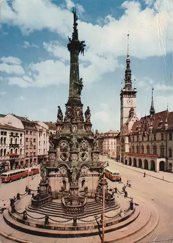 1599 - Tschechoslowakei - Czechoslovakia , Olomouc , Olmütz , namesti , hlavni stredisko radnice , Rathaus , Dreifaltigkeitssäule - gelaufen