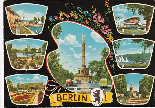 1656 - Deutschland - Berlin , Ausstellungsgelände , Funkturm , Lietzensee , Teehaus , Siegessäule , Kongresshalle , Mehrbildkarte - gelaufen 1961