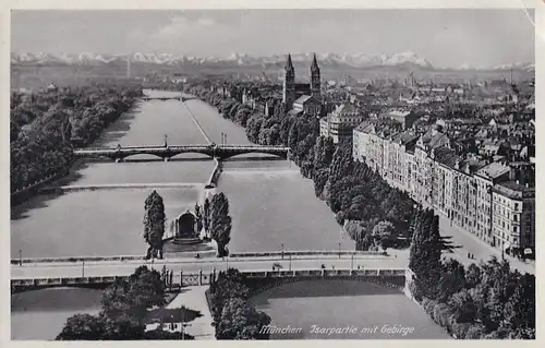 1689 - Deutschland - Bayern , München , Isarpartie mit Gebirge , Brücke - nicht gelaufen