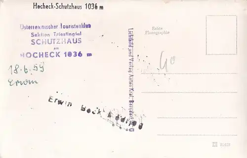 1912 - Österreich - Niederösterreich , Hocheck Schutzhaus , Gutensteiner Alpen - nicht gelaufen 1959