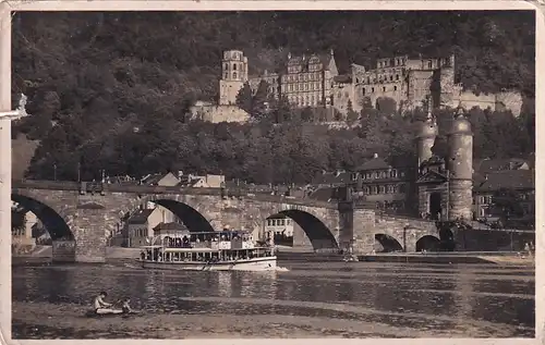 1922 - Deutschland - Heidelberg , alte Neckarbrücke und Schloß , Brücke , Schiff - gelaufen 1935
