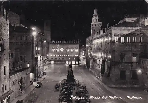 1938 - Italien - Bologna , Piazza del Nettuno , Notturno , Neptun Platz , Auto - gelaufen 1954