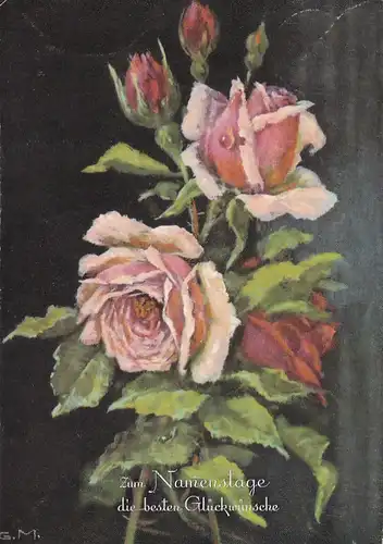 2068 - Österreich - Zum Namenstage die besten Glückwünsche , Blumen , Rosen - gelaufen 1966