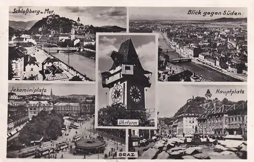 2086 - Österreich - Steiermark , Graz , Uhrturm , Jakominiplatz , Schloßberg , Hauptplatz , Mehrbildkarte - gelaufen 1939