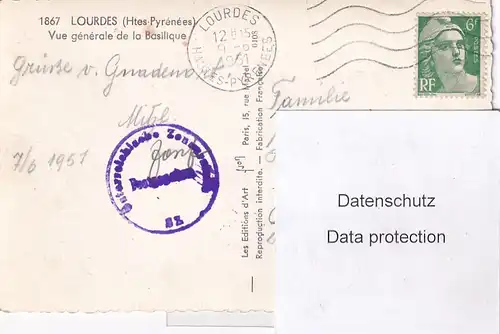 2094 - Frankreich - Lourdes , Vue generale de la Basilique , Zensur , la censure - gelaufen 1951