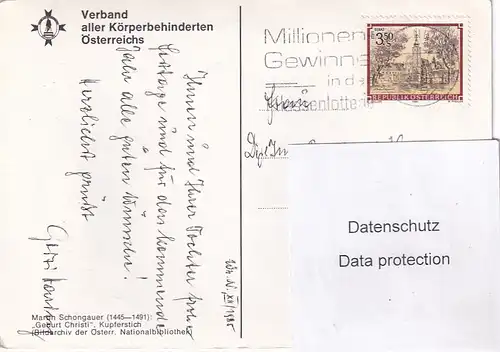 2123 - Österreich - Verband aller körperbehinderten Österreichs , Unterstützung , Martin Schongauer , Geburt Christi , Kupferstich - gelaufen 1985