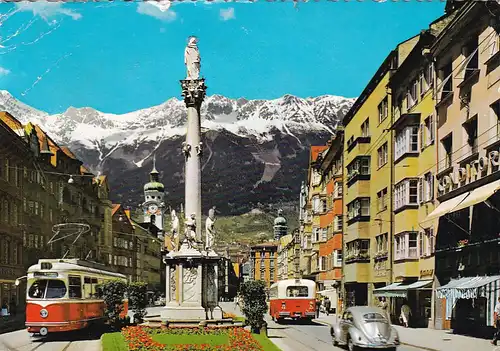 2141 - Österreich - Tirol , Innsbruck , Maria Theresien Straße mit Annasäule , Maria Theresia , Auto VW Käfer , Straßenbahn - gelaufen 1968