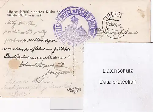 2199 - Tschechoslowakei - Czech , Tschechien , Liberec Jested s chatou Klubu csl turistu - gelaufen 1946