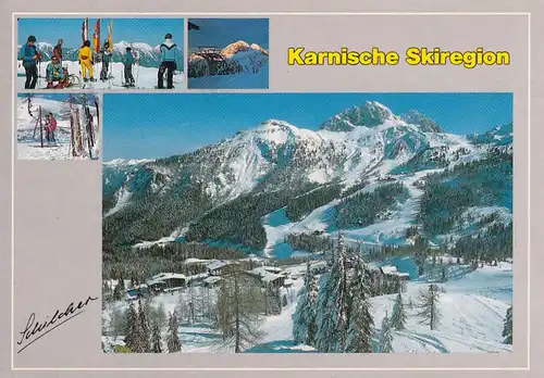 2204 - Österreich - Kärnten , Karnische Skiregion , Blick auf die Sonnenalpe Naßfeld mit Gartnerkogel und Watschinger Alm - gelaufen 1993