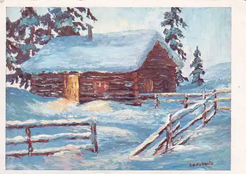 2467 - Österreich - Verschneite Hütten , J. D. Roberts , Künstlerkarte - gelaufen 1972