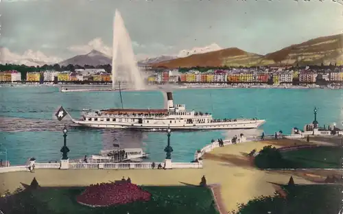 2508 - Schweiz - Geneve , Genf , La Rade , le jet d'eau et le Mont Blanc , Schiff , Dampfer - gelaufen 1957