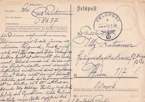2577 - Österreich - Feldpost nach Wien - gelaufen 1941
