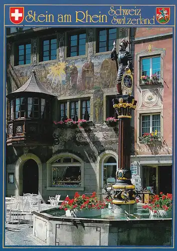 2721 - Schweiz - Schaffhausen , Stein am Rhein , Erker am Rathausplatz , Brunnen - nicht gelaufen
