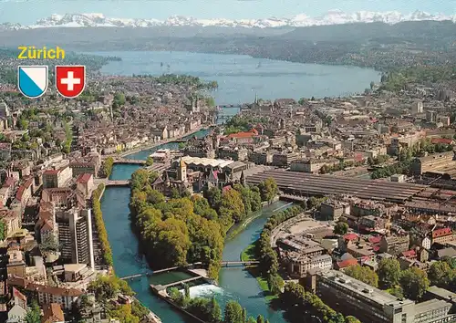 2727 - Schweiz - Zürich mit Hotel Zürich , Limmat , Sihl , Zürichsee , Alpen - gelaufen 1995