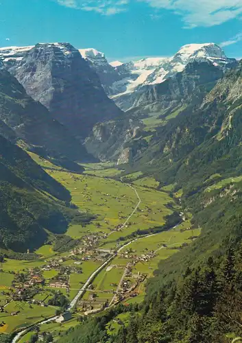 2731 - Schweiz - Glarus , Braunwald , Blick auf Linthal mit Tödikette - gelaufen 1986