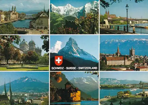 2736 - Schweiz - Mehrbildkarte , Zürich , Bern , Luzern , Matterhorn , Chateau Chillon - gelaufen 1986