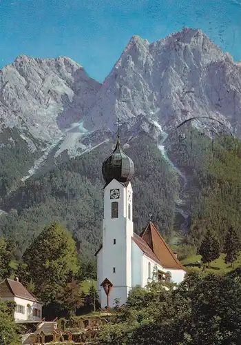 2891 - Deutschland - Grainau , Dorfkirche mit kleinem und großem Waxenstein , Stempel Fehlgeleitet - gelaufen 1971