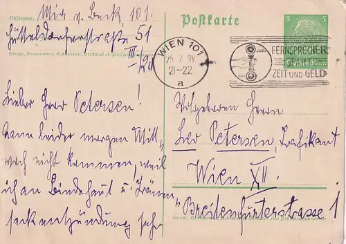 3050 -  - Ganzsache , Wien - Wien - gelaufen 1939