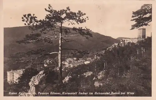 3136 - Österreich - Niederösterreich , Ruine Rauhenstein , Pension Silvana , Kuranstalt Sacher im Helenental , Baden bei Wien - gelaufen 1934