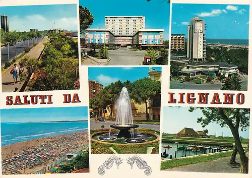 3267 - Italien - Lungomare da Pineta , Lignano Pineta , City , La Spiaggia , Piazza della Fontana - gelaufen 1969