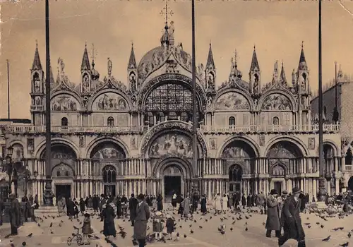 3295 - Italien - Venezia , Venedig , Basilica di San S. Marco , Markuskirche , Tauben , belebter Platz - nicht gelaufen