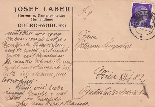 3308 - Österreich - Oberdrauburg , Josef Laber Herren u. Damenschneider , Huthandlung - gelaufen 1943