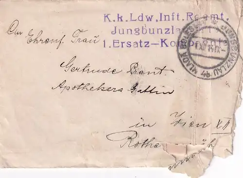 3341 - Österreich - Brief , Jungsbunzlau - Wien , K. k. Ldw. Inft. Regmt. , 1. Ersatz Kompanie -  1914