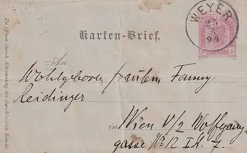 3533 - Österreich - Kartenbrief Weyer - Wien v. 1894