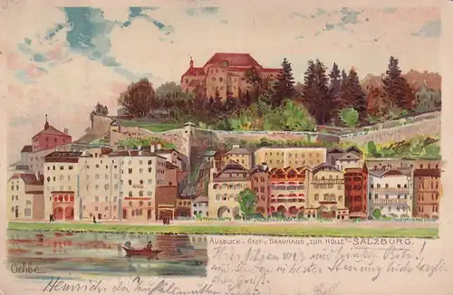 3570 - Österreich - Salzburg , Ausblick v. Gast u. Brauhaus Zur Hölle , Künstlerkarte , signiert - gelaufen