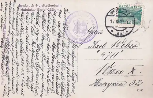 3684 - Österreich - Tirol , Innsbruck , Nordkettenbahn , Hafelekar Gipfel , Gipfelkreuz - gelaufen 1933