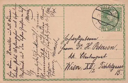 3740 - Österreich - Ganzsache , Villach - Wien - gelaufen 1911