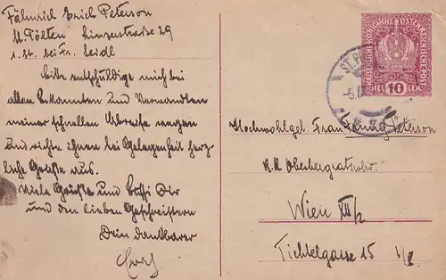 3746 - Österreich - Ganzsache , St. Pölten - Wien - gelaufen 1918