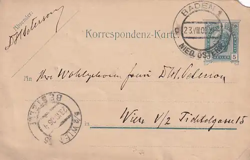 3751 - Österreich - Ganzsache Baden bei Wien - Wien - gelaufen 1906