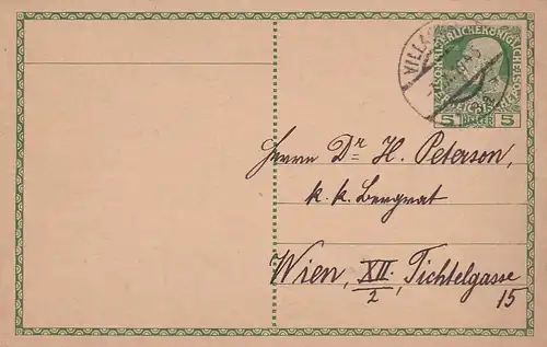 3756 - Österreich - Ganzsache , Villach - Wien - gelaufen 1910