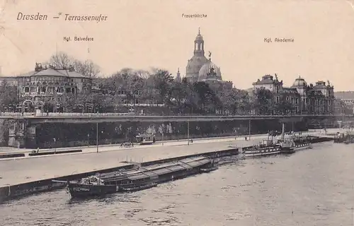 3777 - Deutschland - Dresden , Terassenufer , Belvedere , Frauenkirche , Akademie , Schiff , Boot - gelaufen 1913