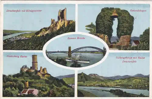 3797 - Deutschland - Drachenfels , Rolandsbogen , Godesberg , Bonner Brücke , Mehrbildkarte - gelaufen 1938
