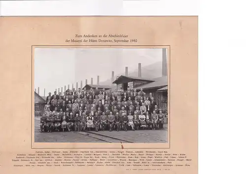 3813 - Österreich - Hütte Donawitz , Voestalpine , Stahlwerk , Belegschaft bei Abschiedsfeier der Maurerei September 1950 , 225mm x 160mm , Rahmen 345mm x 280mm