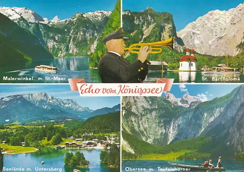 3819 - Deutschland - Königssee , Obersee , Teufelshörner , St. Bartholomä , Seelände m. Untersberg , Mehrbildkarte - nicht gelaufen