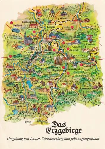 3853 - Deutschland - Das Erzgebirge , Lauter , Schwarzenberg , Johanngeorgenstadt , Übersichtskarte - nicht gelaufen