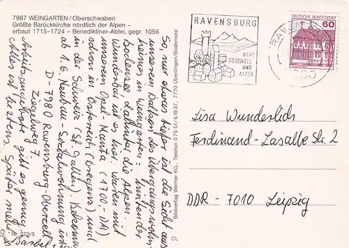 3942 - Deutschland - Weingarten , Oberschwaben , Barockkirche , Benediktiner Abtei - gelaufen 1984