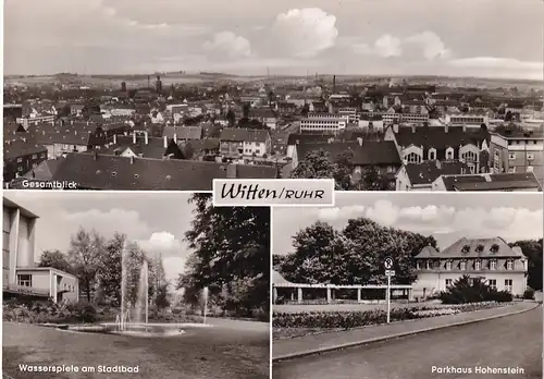 3977 - Deutschland - Witten , Ruhr , Wasserspiele am Stadtbad , Parkhaus Hohenstein , Mehrbildkarte - gelaufen 1967